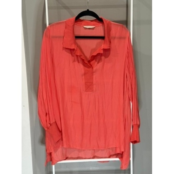 Soft Surroundings Tops - Soft Surroundings Coral Orange V-Neck Tunic Top Long Sleeve High Low Hem 12/14